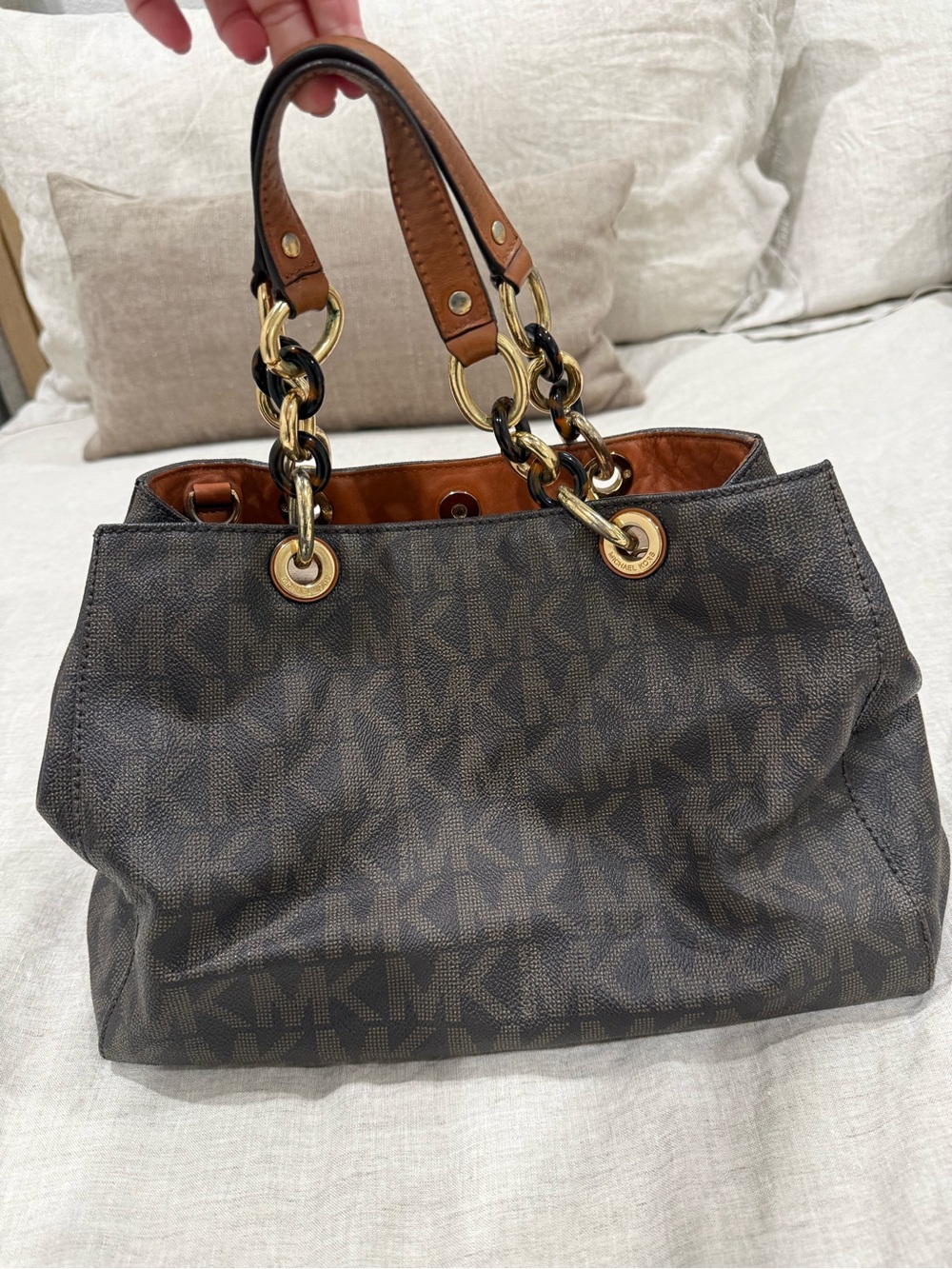 Michael Kors Dark Brown MK Logo Shoulder Tote with Gold Hardware